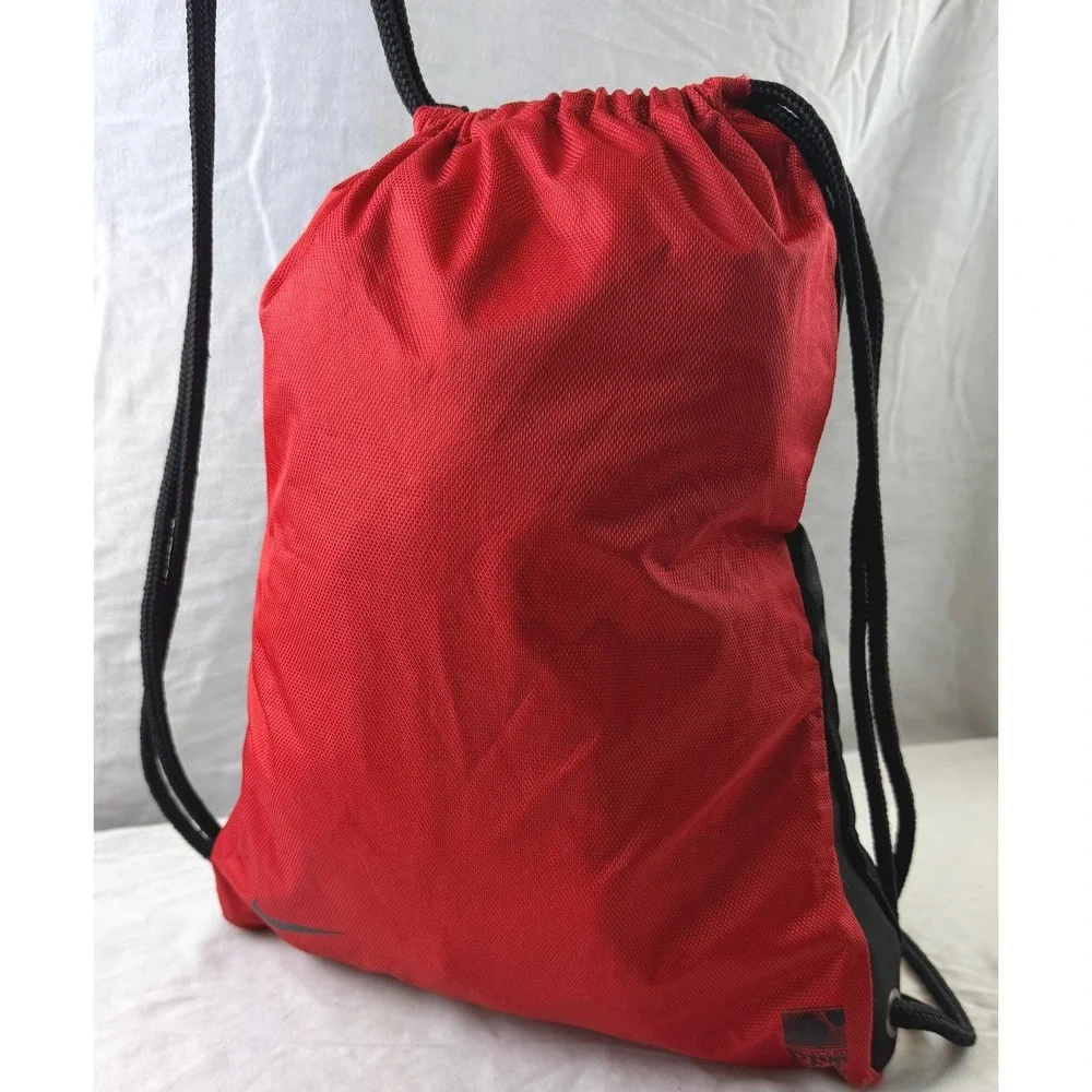 Nike Drawstring Backpack Black Red Swoosh Gym Sack Sport Bag Nylon 17x12.5x2